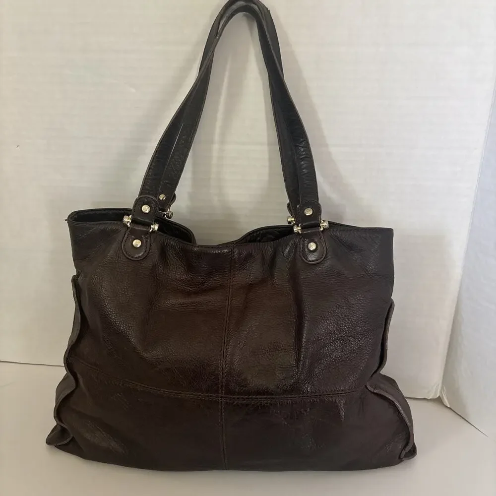 Liz Claiborne Purse Shoulder Bag Dk Brown Leather Lined Zip BOHO Great Cond